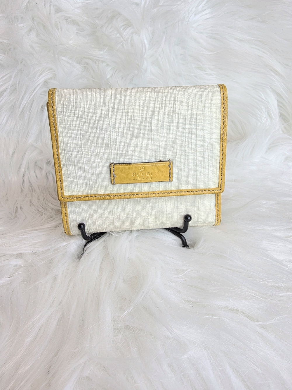 Gucci GG Bifold Wallet Off White Coated Canvas with Leather Mustard Trim